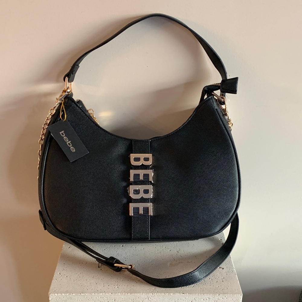 Bebe NEW Elegant Black Shoulder Bag purse Gold accents removable strap 2 way
